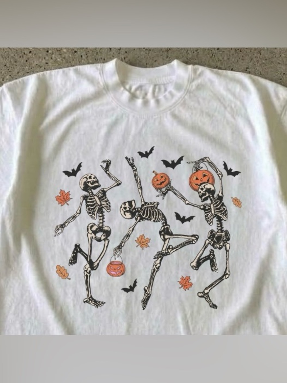 Dancing Skeletons Halloween Graphic Tee - White with Orange & Black - Picture 3 of 6